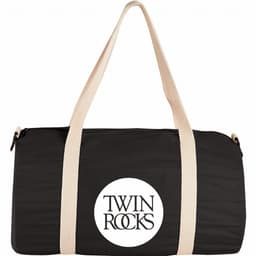 A black barrel duffel bag with cream straps and a logo on the front.