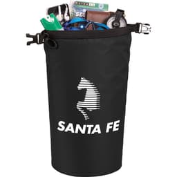 A waterproof black outdoor bag filled with various items, including a drink bottle and headphones. Features a logo.