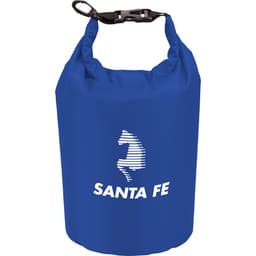A blue waterproof outdoor bag with a black strap and a logo on the front.