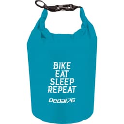 A turquoise waterproof outdoor bag with a black strap and a logo, featuring white text on the front.