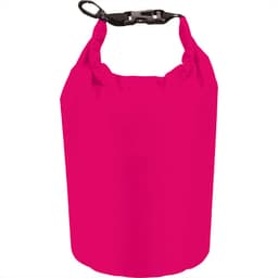 A waterproof outdoor bag in bright pink, featuring a secure strap and buckle closure. Includes branding on the surface.