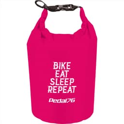 A pink waterproof outdoor bag with a black strap, featuring a logo and text: "Bike, Eat, Sleep, Repeat."