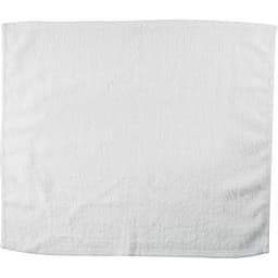A white gym towel with a soft, textured surface. It features a branding logo on one corner.