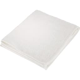 A white towel folded neatly, featuring a looped texture and an attached logo. Ideal for gym use or outdoor activities.