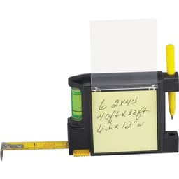 A black tape measure with a level, notepad, and yellow pen attached; features a measuring tape extending from it.