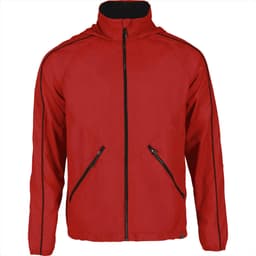 A packable men's jacket in vibrant red with black zip accents and side pockets. Features a hood and branding.