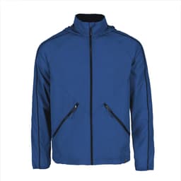 A blue men's packable jacket with zippered pockets and a hood, featuring a logo on the front.