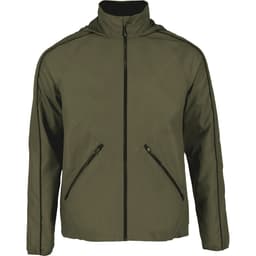 A men's packable jacket in dark green, featuring a hood and zippered pockets, with a branding logo.