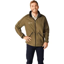 A men's eco-friendly packable jacket in olive green, featuring front pockets and a branded logo.