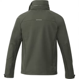 A men's softshell jacket in army green with a collar and a logo on the back.