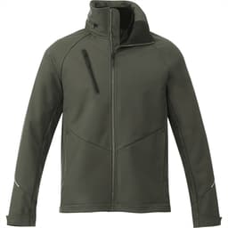 A men's softshell jacket in olive green, featuring a high collar and zippered chest pocket. It has a logo on the front.