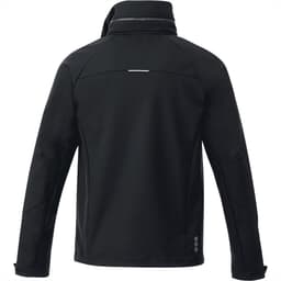 A black softshell jacket with a high collar and a reflective strip on the back. Features a logo on the design.