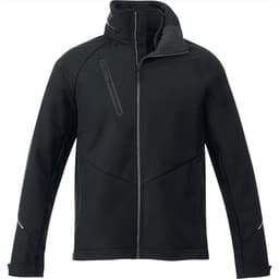 A black softshell jacket for men featuring a high collar and zippered pockets, with a logo on the chest.