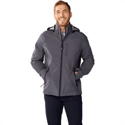 A grey softshell jacket for men featuring a hood and pockets, with a logo on the front.