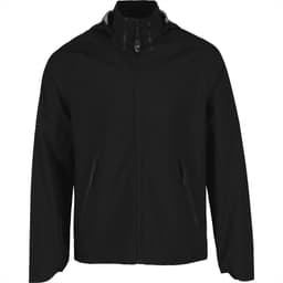 A black Oracle men's softshell jacket featuring a full zip and side pockets. It has a logo on the chest.