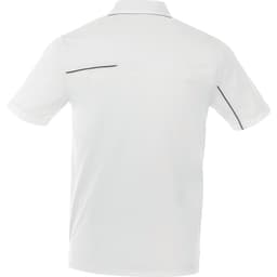 A white men's short sleeve polo shirt featuring a back design with contrasting trim and a logo.