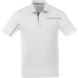 A grey short sleeve polo shirt with a subtle design detail and a branding logo on the front.