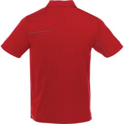 A red short sleeve polo shirt featuring a subtle design detail on the back and a logo.