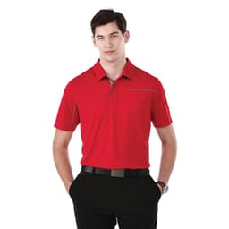 A red short sleeve polo shirt with a collar and a subtle design element, featuring a logo on the chest area.