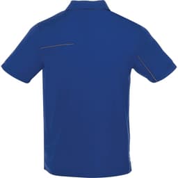 A blue men's polo shirt featuring a stylish design and a logo. The shirt has short sleeves and a back detailing.