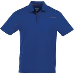 A blue men's short sleeve polo shirt featuring a logo, with a subtle design detail on the front.