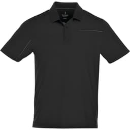 A black short sleeve polo shirt with a subtle logo and a trim detail on the chest.