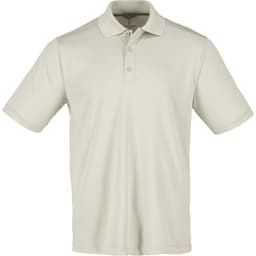 A men's short sleeve polo in a light beige colour, featuring a collar and three buttons, with a logo.