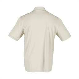 A light beige men's short sleeve polo shirt featuring a back view and a branding logo.