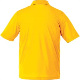 A yellow short sleeve polo shirt for men, featuring a collar and a logo on the back.