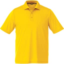 A yellow men's polo shirt with a collar and short sleeves, featuring a branding logo.