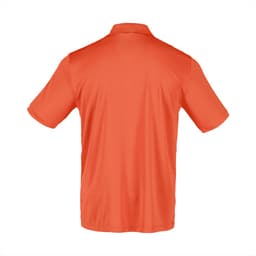 An orange men's polo shirt with a short sleeve and a collar, featuring a logo on the back.