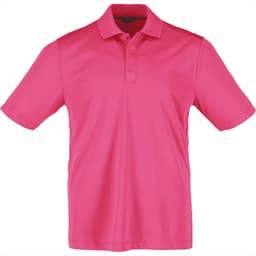 A pink short sleeve polo shirt for men, featuring a collar and three-button placket, with a logo on the chest.