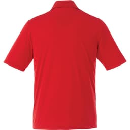 A red short sleeve polo shirt with a collar and short sleeves, featuring a logo on the back.