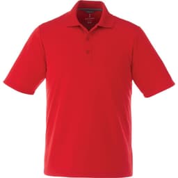 A red men's short sleeve polo shirt with a collar and a front button placket, featuring a logo.