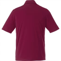 A maroon short sleeve polo shirt with a plain back and a logo.