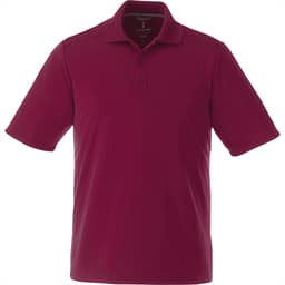 A maroon short sleeve polo shirt for men, featuring a collar and three-button placket, with a logo on the chest.