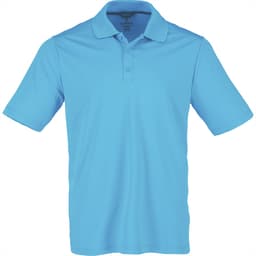 A short sleeve polo shirt in a light blue colour with a collar and three buttons. It features a logo.
