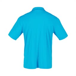 A blue polo shirt with short sleeves and a collar, featuring a small logo.