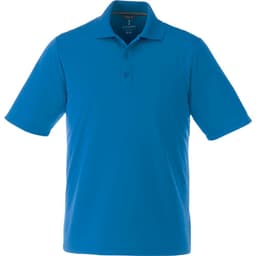 A men's polo shirt in bright blue, featuring a collar, three buttons, and a logo on the chest.