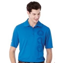 A blue short sleeve polo shirt for men featuring a logo on the side.
