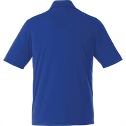 A men's short sleeve polo shirt in a solid blue colour, featuring a collar and a logo on the back.