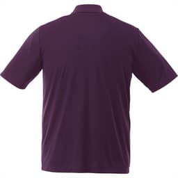 A short sleeve polo shirt in a solid deep purple colour, featuring a collar and a logo on the back.