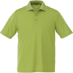 A short sleeve polo shirt in bright green with a collar and a logo on the chest.