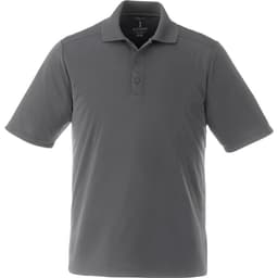 A grey short sleeve polo shirt with a collar and three buttons, featuring a logo on the chest.