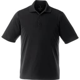 A black short sleeve polo shirt with a collar and button placket, featuring a logo on the chest.