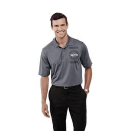 A grey short sleeve polo shirt for men with a logo on the front and a classic collar design.