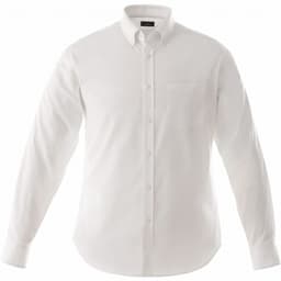 A white long sleeve button-up shirt for men with a chest pocket and a collar. It features a logo.