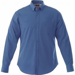 A tall men's button-up shirt in a solid blue colour with long sleeves and a chest pocket. Features a logo.