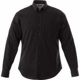 A black men's long sleeve button-up shirt with a pocket and a logo.