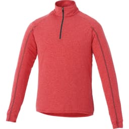A red knit quarter zip jumper for men, featuring long sleeves and a zipped collar, with a subtle texture.